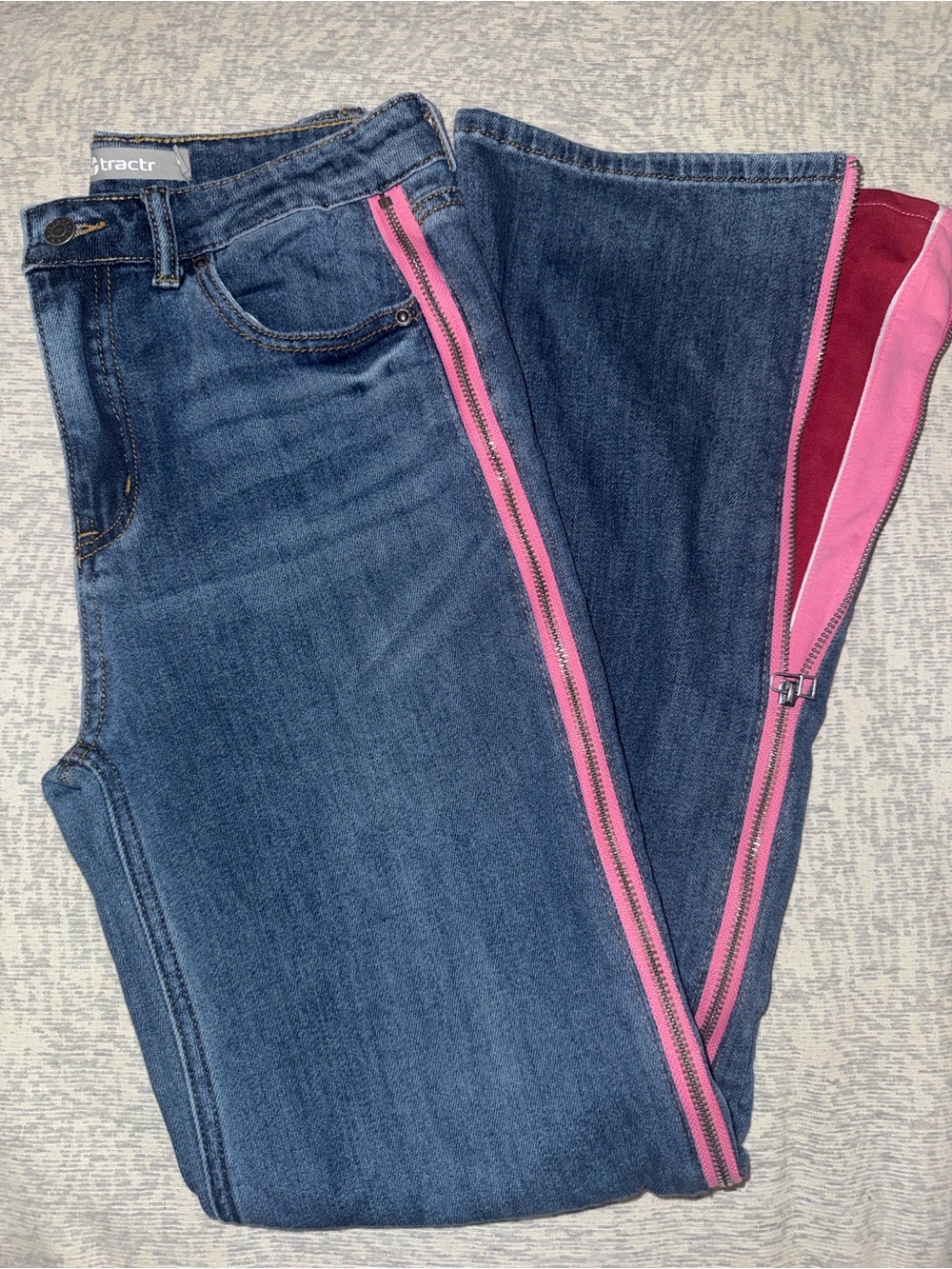 Tractr Denim Jeggings with Pink and Burgundy Stripe